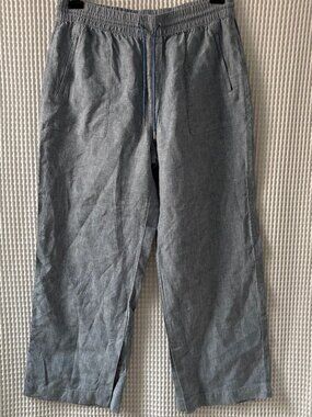 Athleta chambray blue wide leg Retreat linen pants women's size 14 vacay vibes